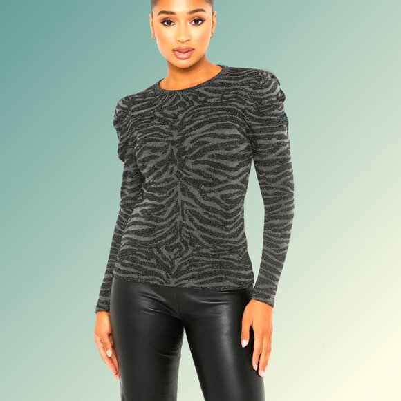 Express Tops - EXPRESS Shimmering Zebra Black and Gray Print Puff Long Sleeves Top Sz M